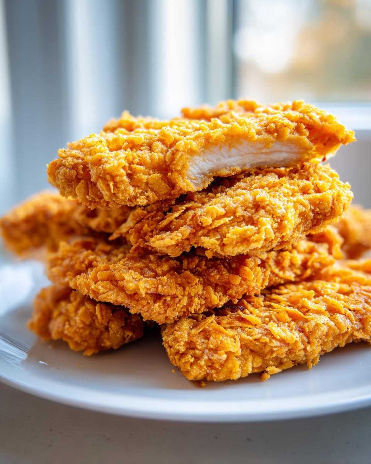A stack of golden brown Crispy Baked Chicken Tenders with Cornflake Crust, one piece cut open showing white chicken meat.