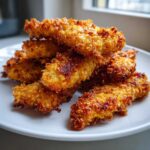 A pile of golden brown, crispy baked chicken tenders with cornflake crust stacked on a white plate.