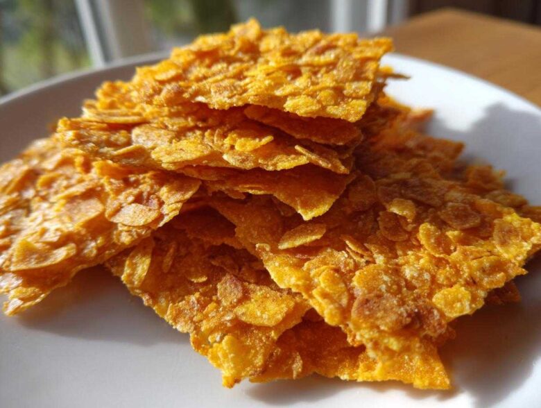 Close-up of golden, crispy cornflake crust pieces used for Crispy Baked Chicken Tenders.