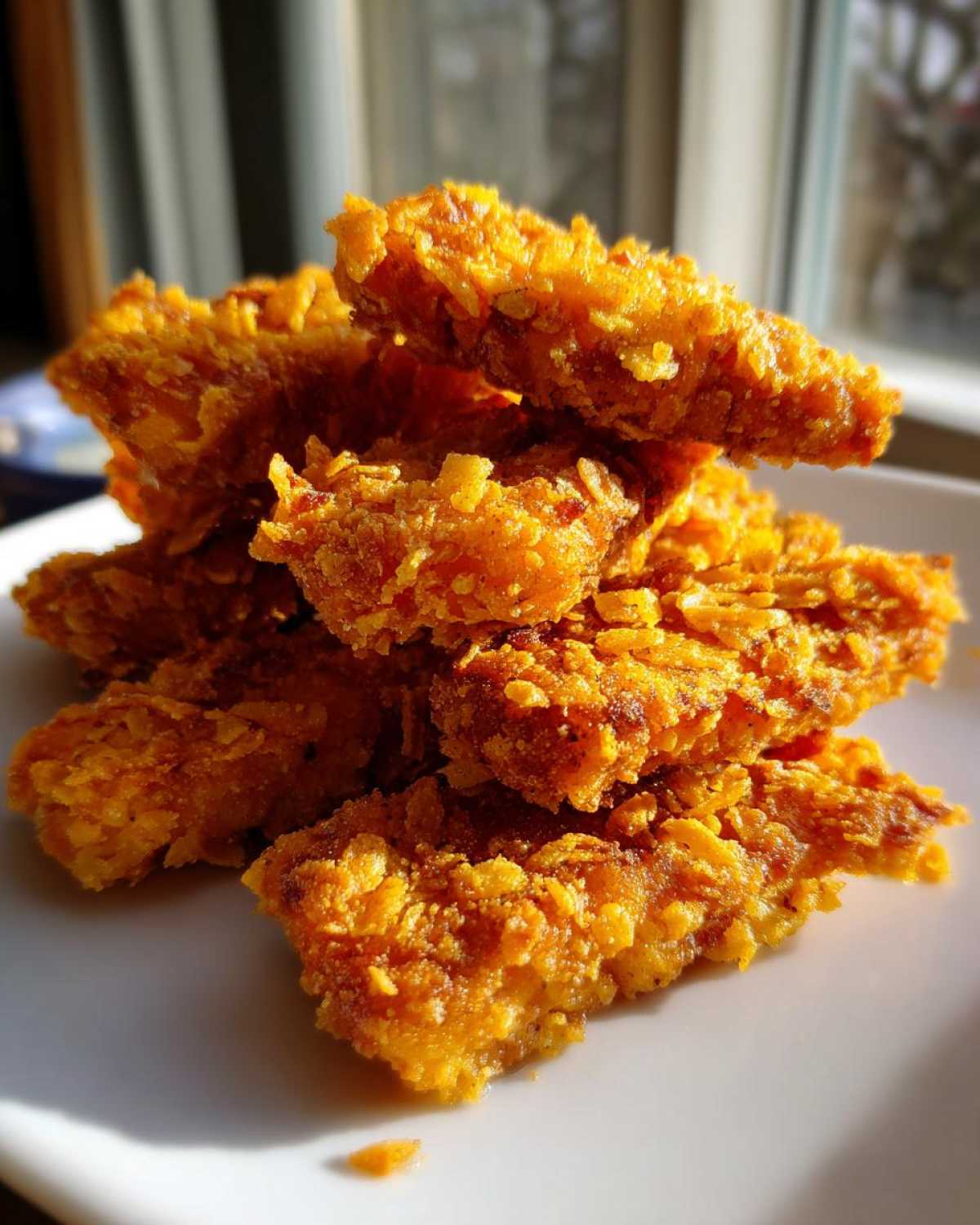 A stack of golden brown, very crispy baked chicken tenders with cornflake crust piled on a white plate.