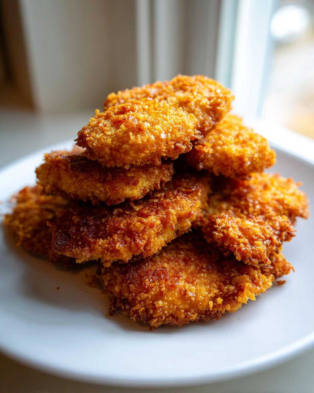 A close-up stack of golden brown, crispy baked chicken tenders with cornflake crust piled on a white plate.