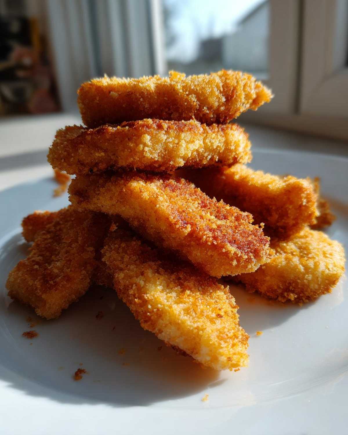 A stack of golden brown Crispy Baked Chicken Tenders with Cornflake Crust piled on a white plate.