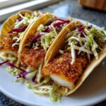 Close-up of three Crispy Baked Fish Tacos filled with golden breaded fish and vibrant lime slaw.