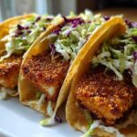 Three Crispy Baked Fish Tacos filled with golden-brown fish and topped with vibrant lime slaw.