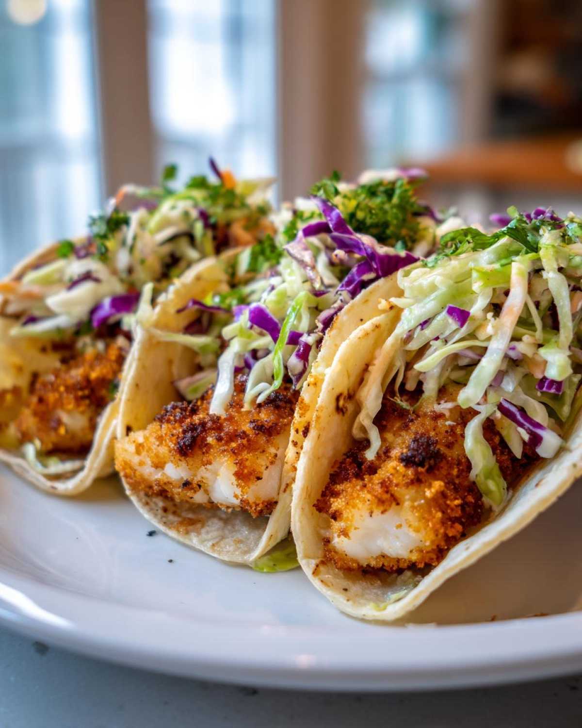 Three Crispy Baked Fish Tacos featuring golden breaded fish and vibrant purple and green lime slaw.
