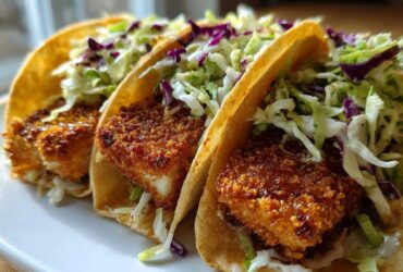 Three Crispy Baked Fish Tacos filled with golden-brown fish and topped with vibrant lime slaw.