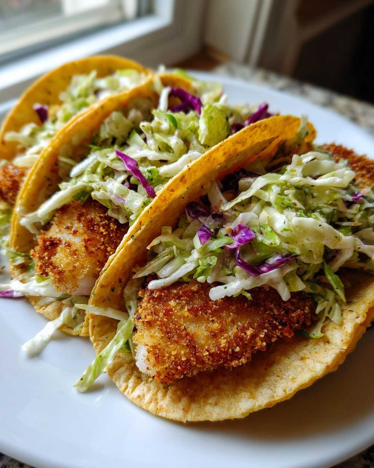 Three Crispy Baked Fish Tacos filled with golden breaded fish and topped with vibrant lime slaw.