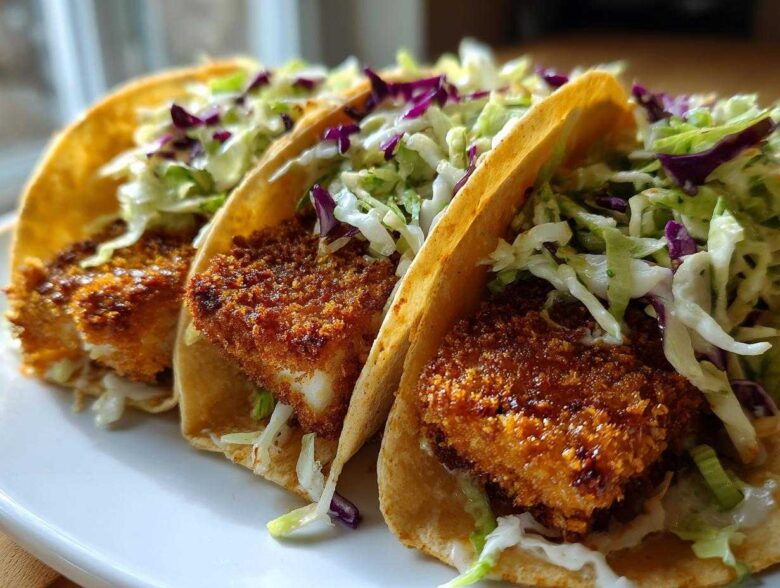 Three Crispy Baked Fish Tacos filled with golden-brown fish and topped with vibrant lime slaw.