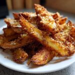 A close-up of a pile of Crispy Baked Garlic Parmesan Potato Wedges dusted with grated cheese on a white plate.