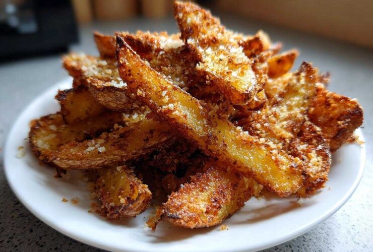 A close-up of a pile of Crispy Baked Garlic Parmesan Potato Wedges dusted with grated cheese on a white plate.