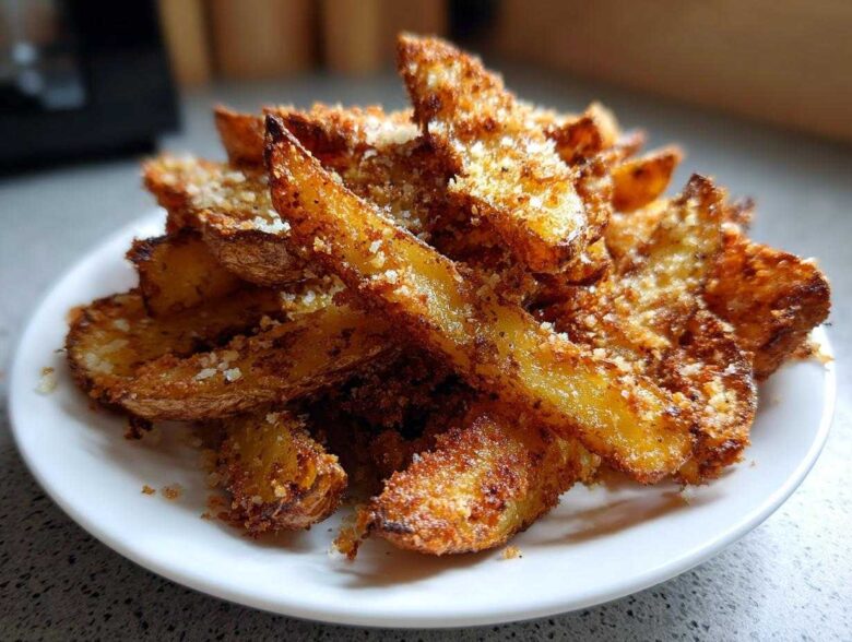 A close-up of a pile of Crispy Baked Garlic Parmesan Potato Wedges dusted with grated cheese on a white plate.