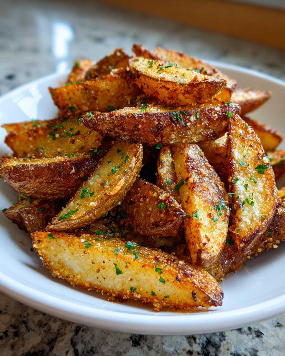A white bowl filled with golden brown, crispy baked garlic parmesan potato wedges sprinkled with parsley.