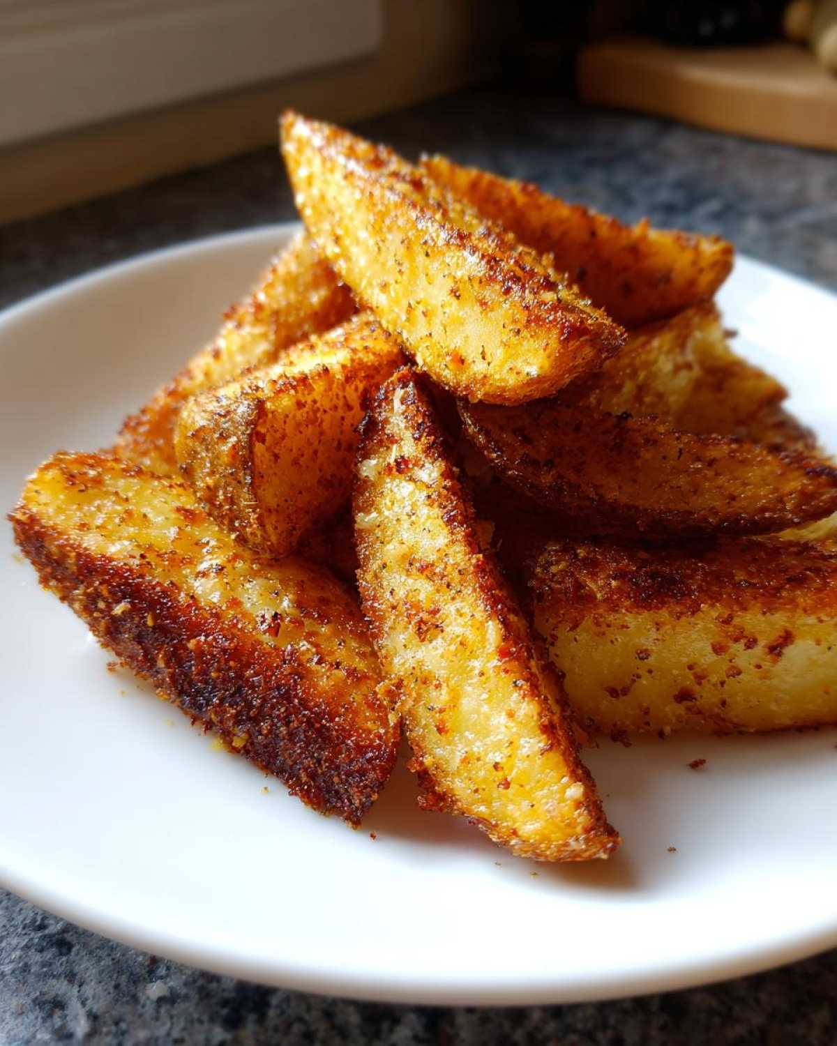 A close-up of golden brown, seasoned Crispy Baked Garlic Parmesan Potato Wedges piled on a white plate.