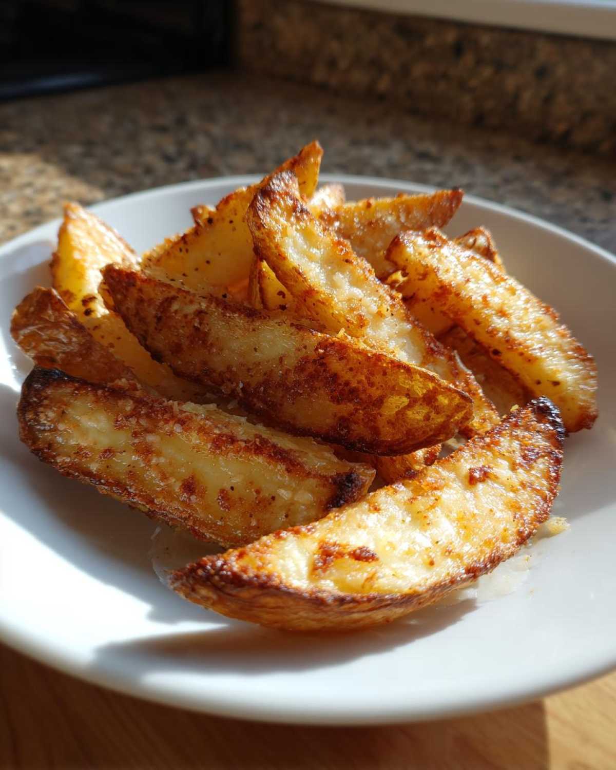 A close-up of golden brown, crispy baked garlic parmesan potato wedges piled on a white plate.