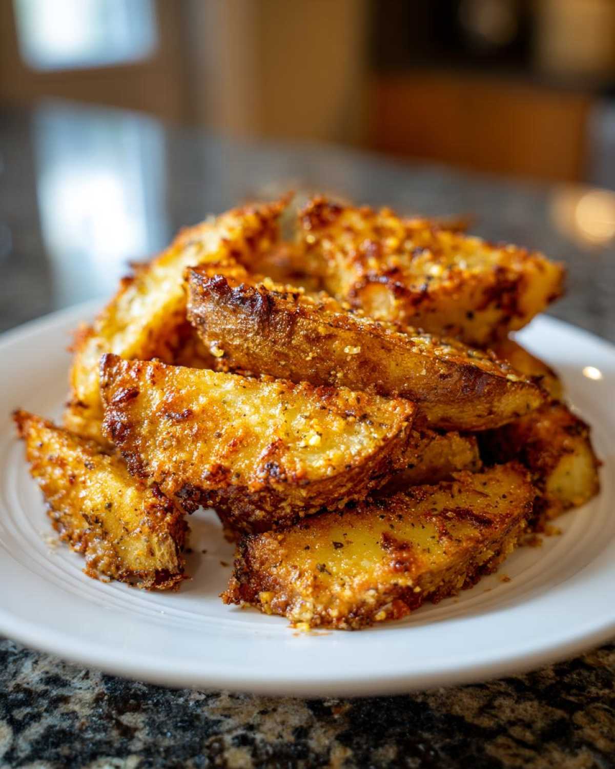 A close-up stack of golden brown Crispy Baked Garlic Parmesan Potato Wedges piled high on a white plate.
