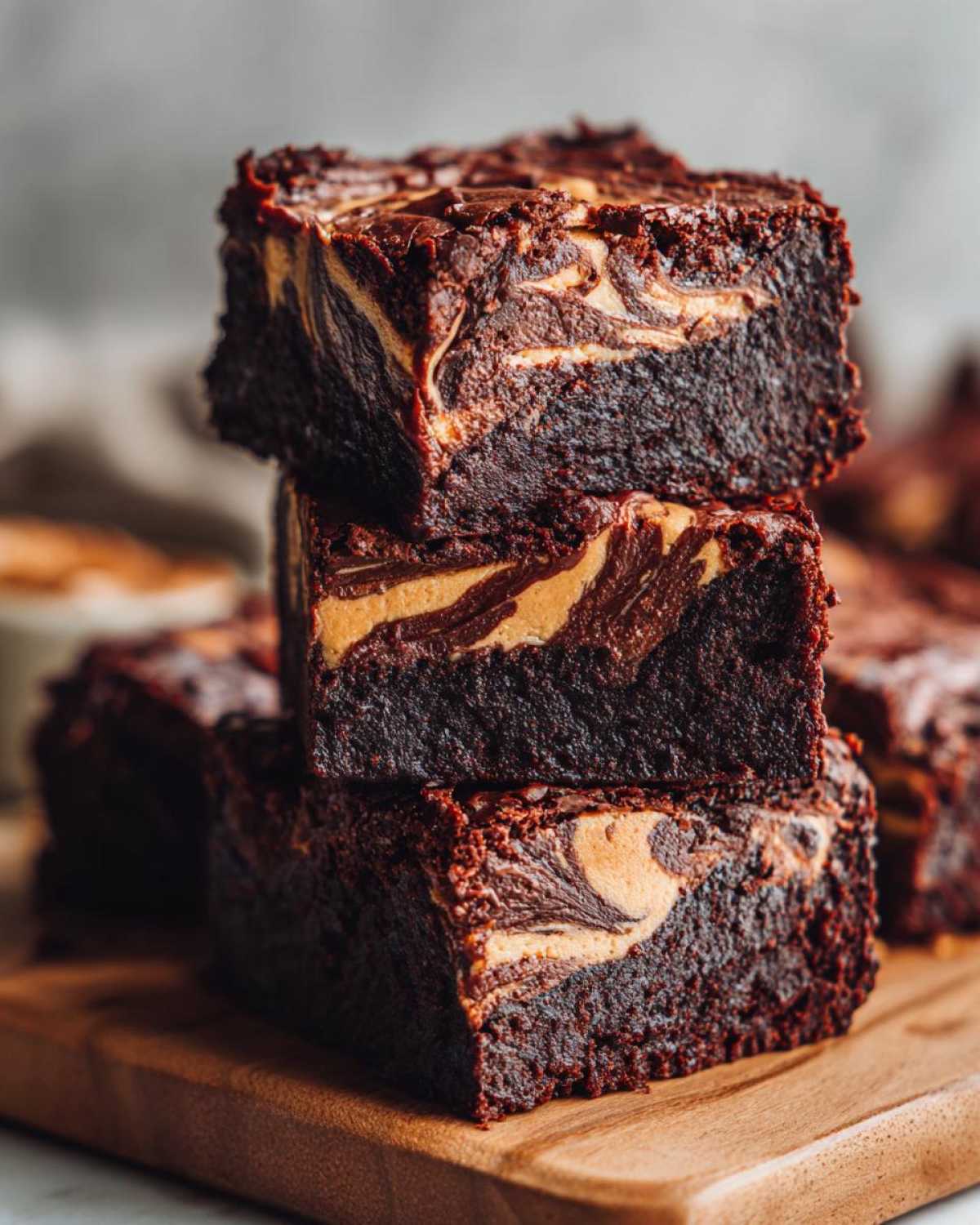 A stack of three fudgy Dark Chocolate Tahini Brownies with a beautiful tahini swirl on top, resting on a wooden board.