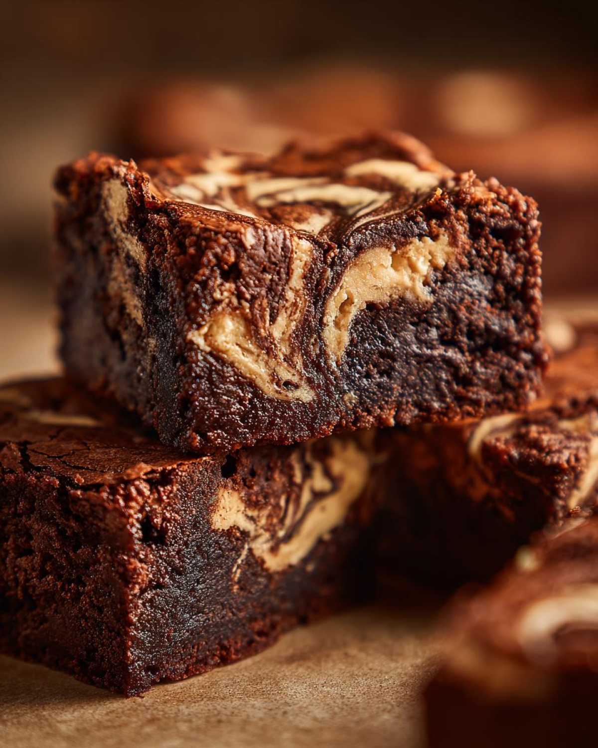 Close-up of stacked, fudgy Dark Chocolate Tahini Brownies showing a rich swirl of tahini filling.