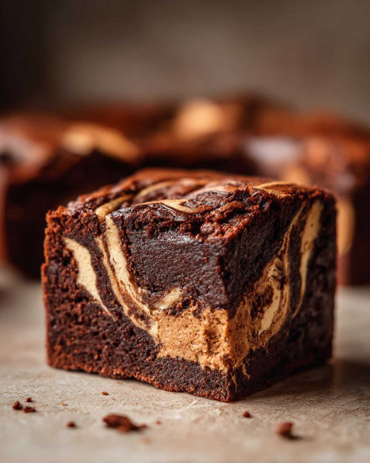 Close-up of a fudgy square of Dark Chocolate Tahini Brownies showing a rich swirl of dark chocolate and light tahini batter.