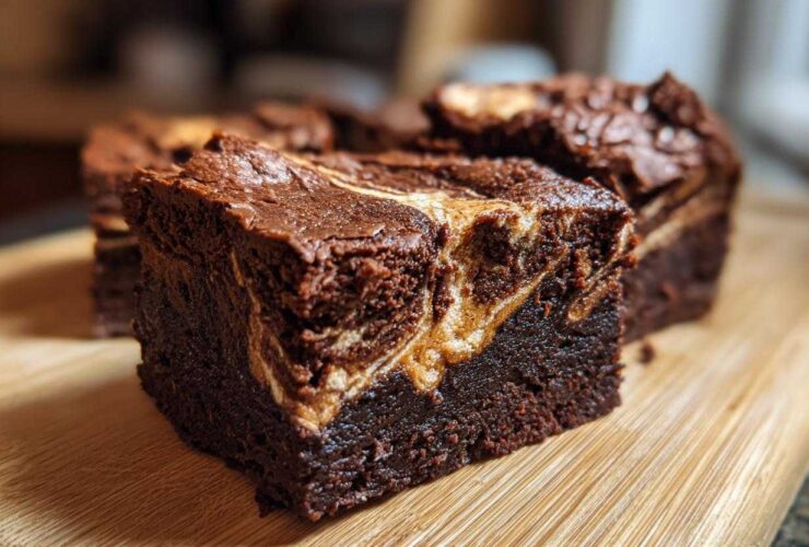 Close-up of a fudgy Dark Chocolate Tahini Brownies square with a visible tahini swirl on a wooden cutting board.