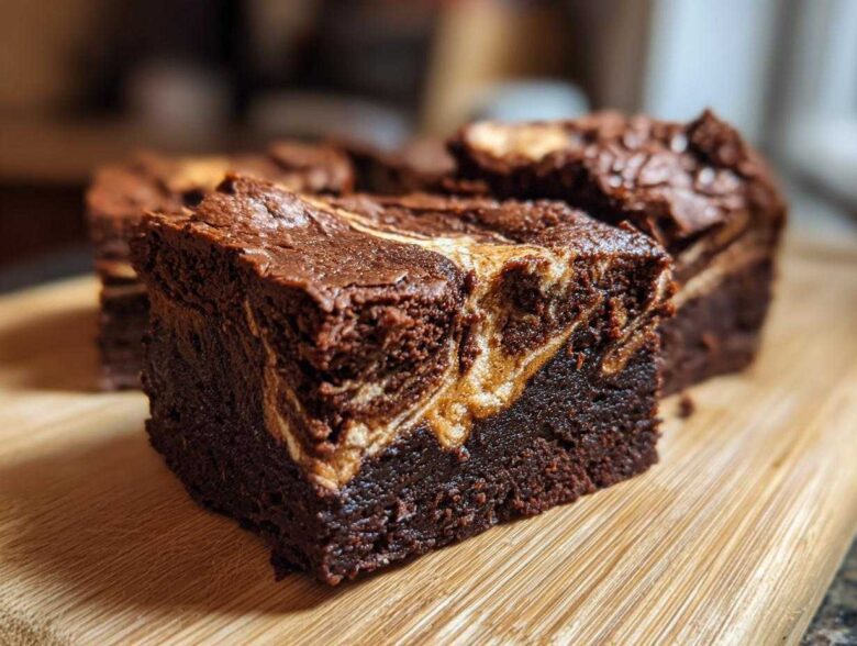 Close-up of a fudgy Dark Chocolate Tahini Brownies square with a visible tahini swirl on a wooden cutting board.