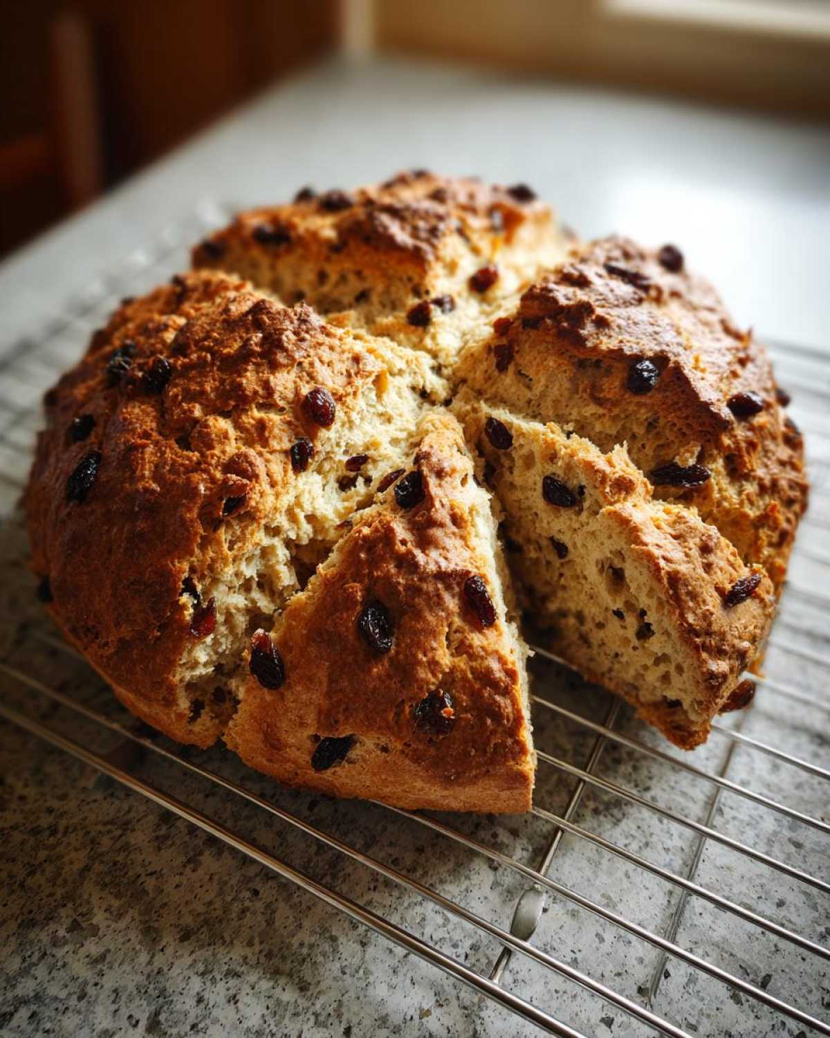 A round loaf of Easy Irish Soda Bread with Buttermilk and Raisins, scored and cooling on a wire rack.