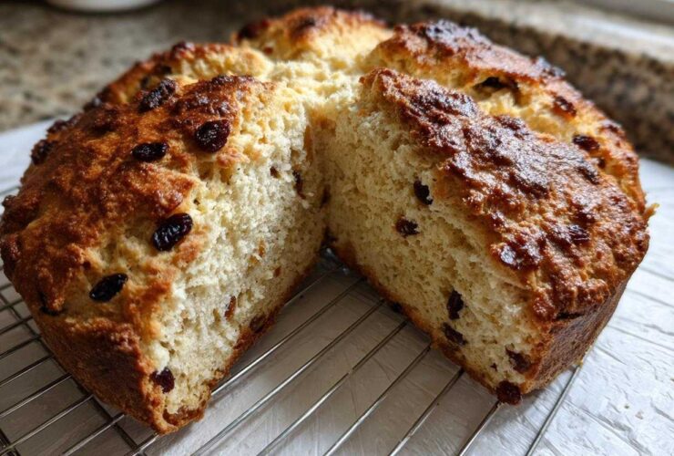 Close-up of Easy Irish Soda Bread with Buttermilk and Raisins, cut in half on a cooling rack.