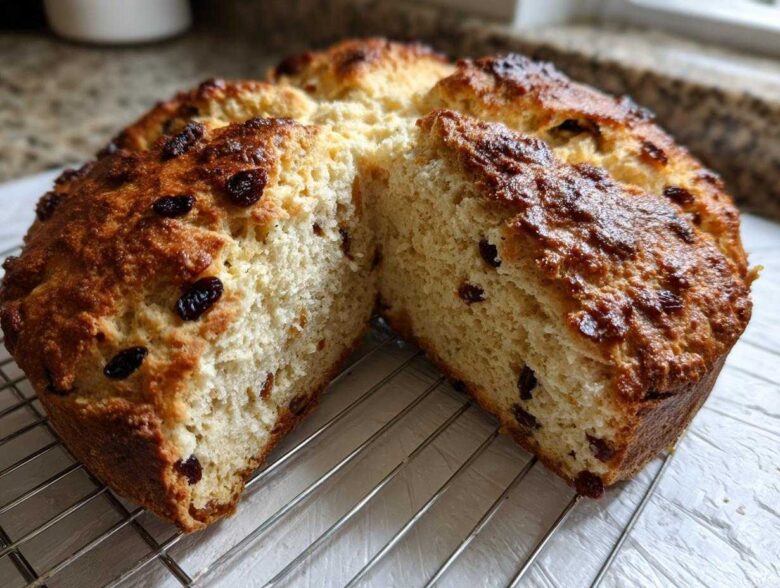 Close-up of Easy Irish Soda Bread with Buttermilk and Raisins, cut in half on a cooling rack.