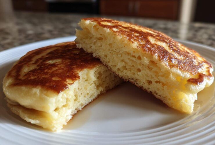 Close-up of fluffy Gluten-Free Buttermilk Pancakes cut in half showing the airy interior texture.