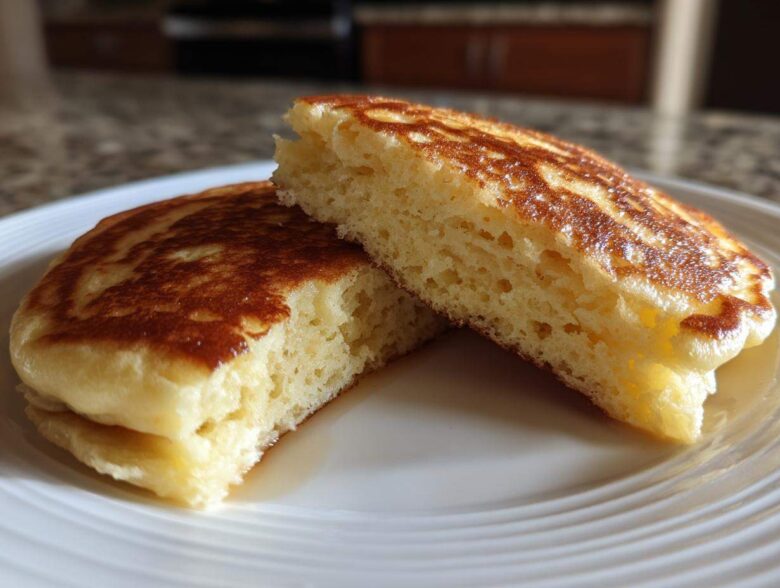 Close-up of fluffy Gluten-Free Buttermilk Pancakes cut in half showing the airy interior texture.