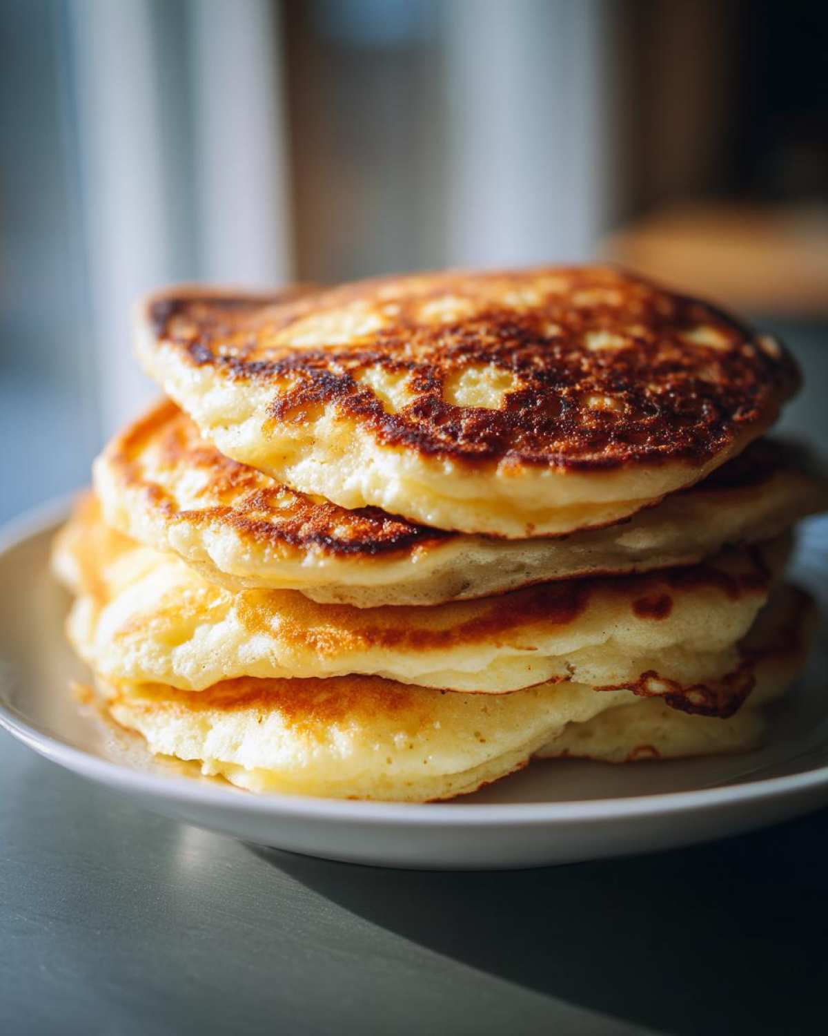 A close-up shot of a tall stack of fluffy Gluten-Free Buttermilk Pancakes with golden-brown, slightly crispy edges.