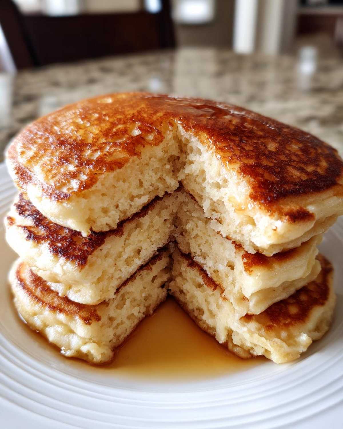 Close-up of a stack of fluffy Gluten-Free Buttermilk Pancakes drizzled with syrup, showing the soft interior.