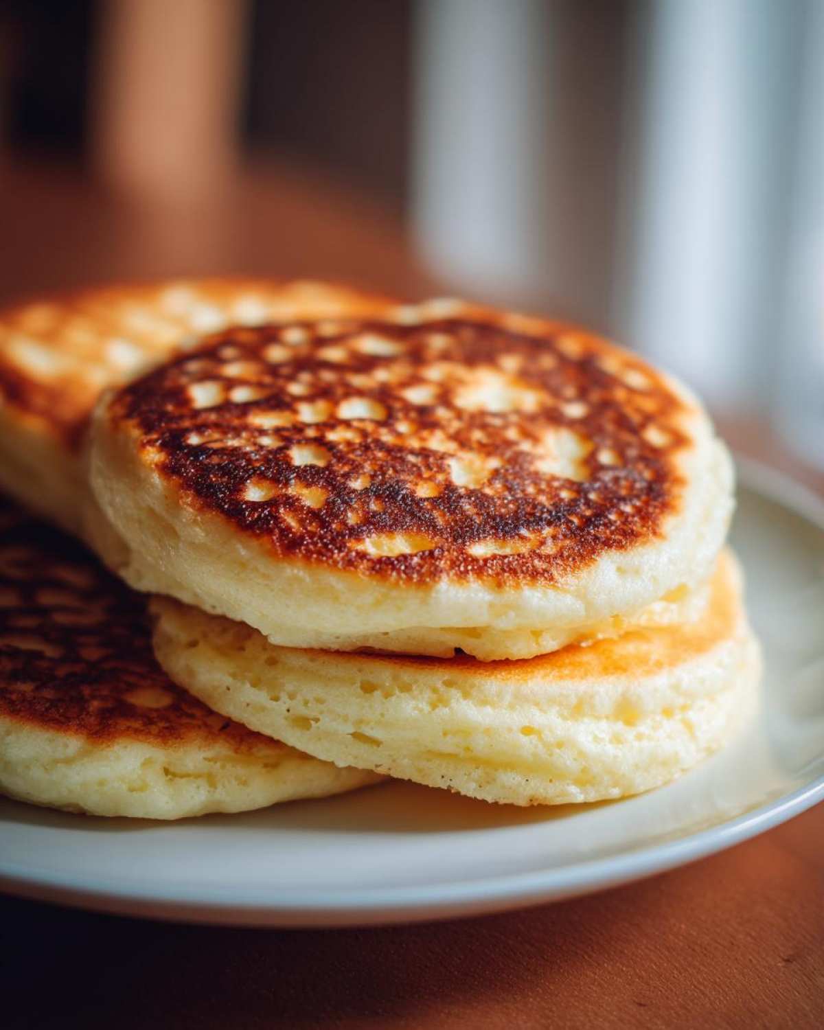 Close-up of a stack of three fluffy Gluten-Free Buttermilk Pancakes with golden-brown, bubbly tops.