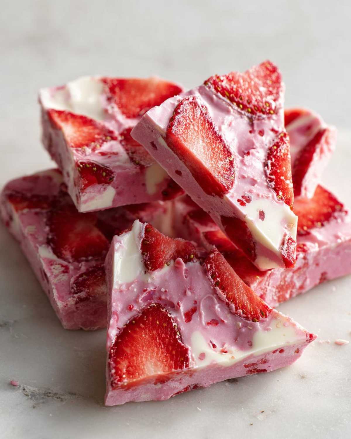 Close-up of stacked, triangular pieces of Frozen Strawberry Yogurt Bark featuring pink yogurt and visible strawberry slices.
