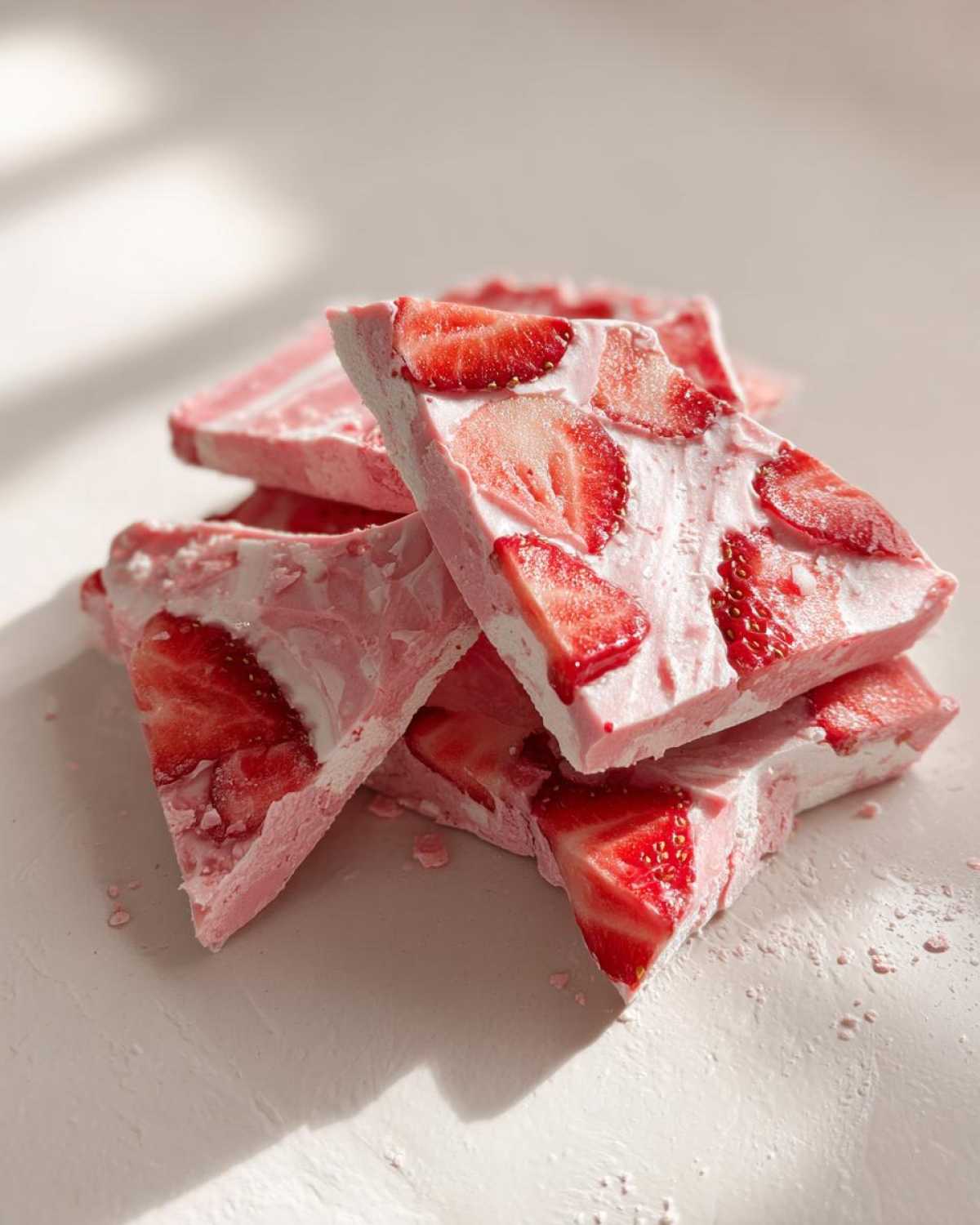 A stack of broken pieces of pink Frozen Strawberry Yogurt Bark topped with visible slices of fresh strawberries.