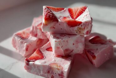 Close-up of stacked, pink Frozen Strawberry Yogurt Bark pieces with visible strawberry slices.