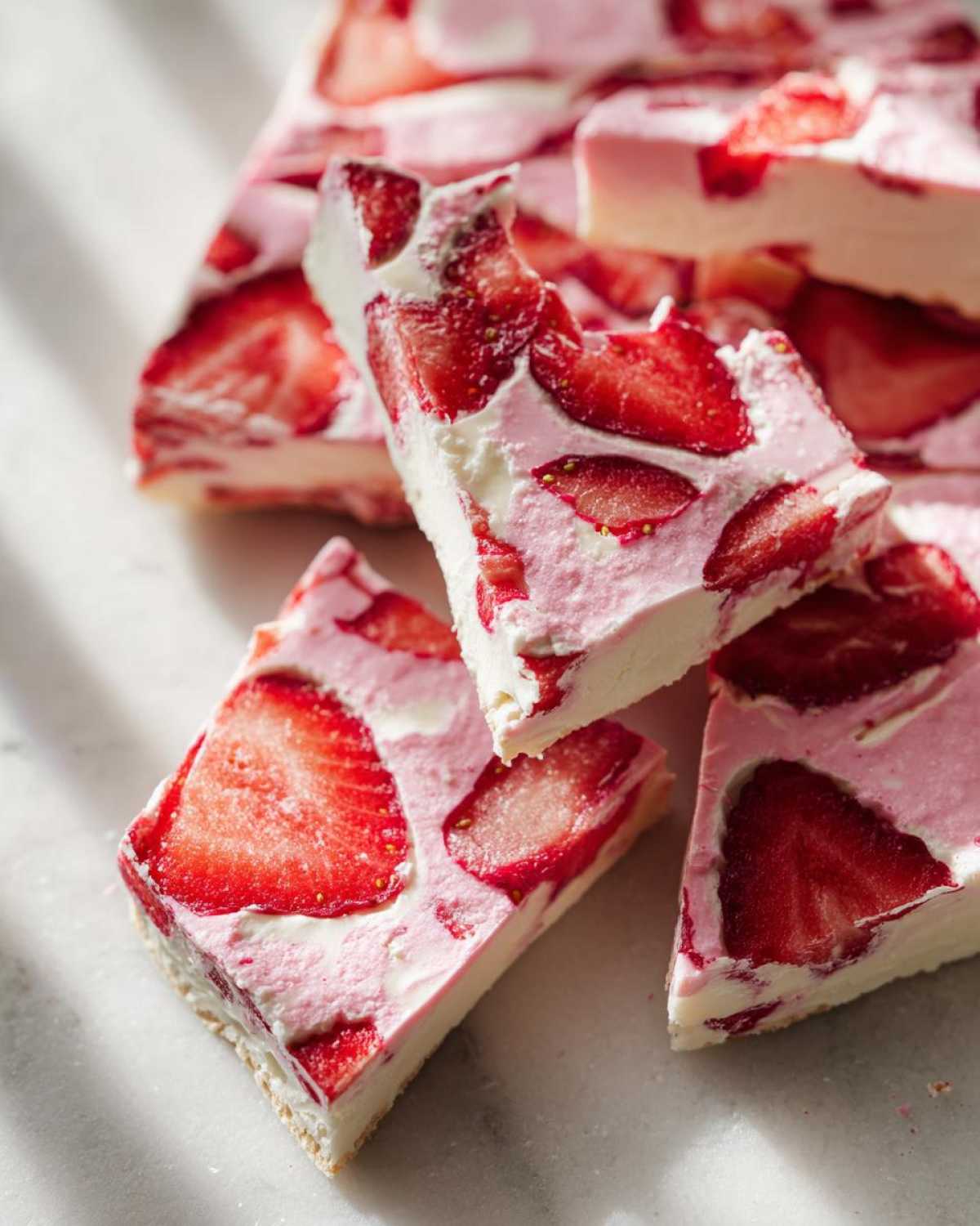Close-up of several pieces of Frozen Strawberry Yogurt Bark, showing swirls of pink and white yogurt embedded with bright red strawberry slices.