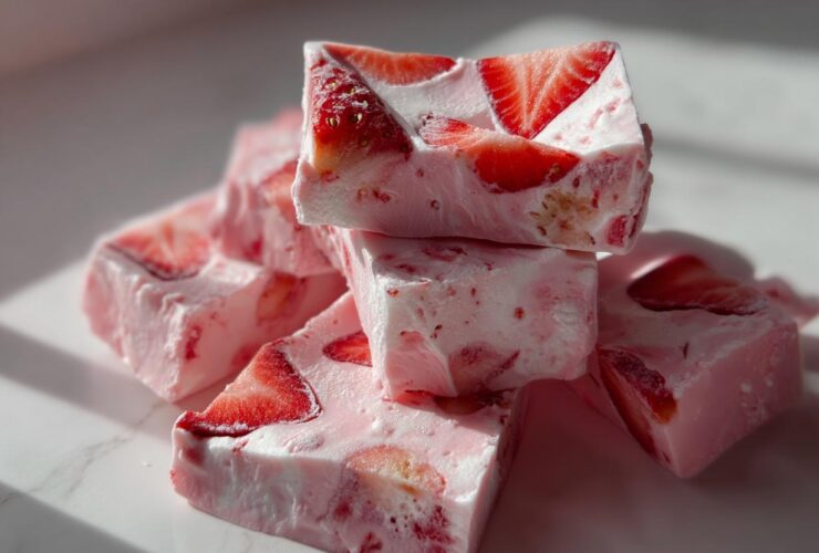 Close-up of stacked, pink Frozen Strawberry Yogurt Bark pieces with visible strawberry slices.