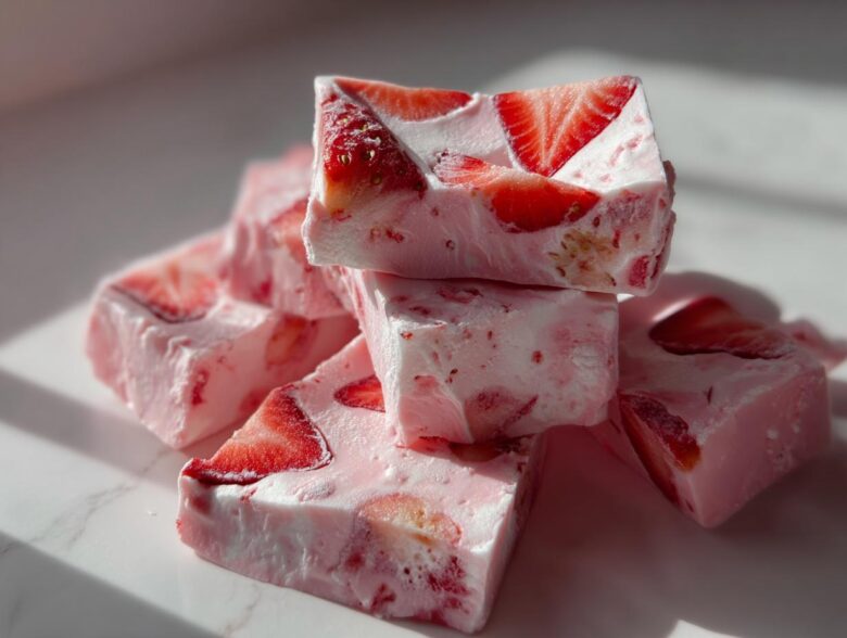 Close-up of stacked, pink Frozen Strawberry Yogurt Bark pieces with visible strawberry slices.