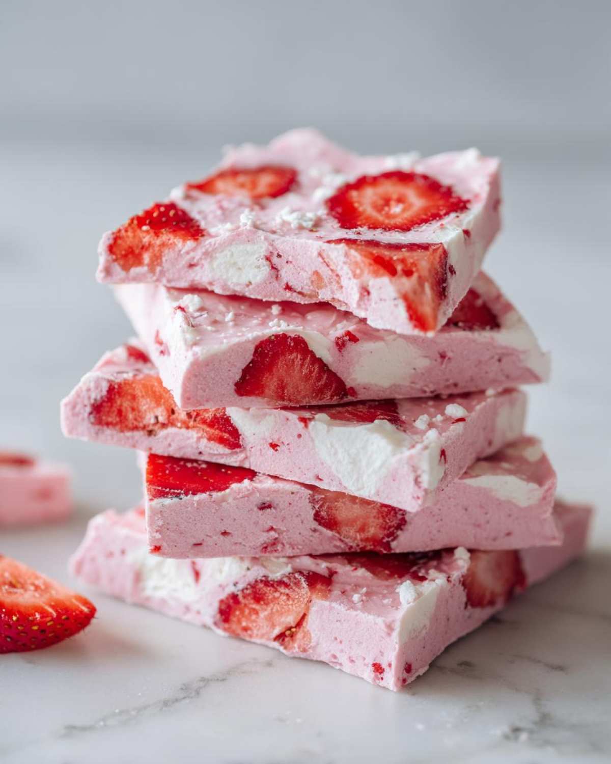 A stack of four thick slices of pink Frozen Strawberry Yogurt Bark studded with strawberry pieces.