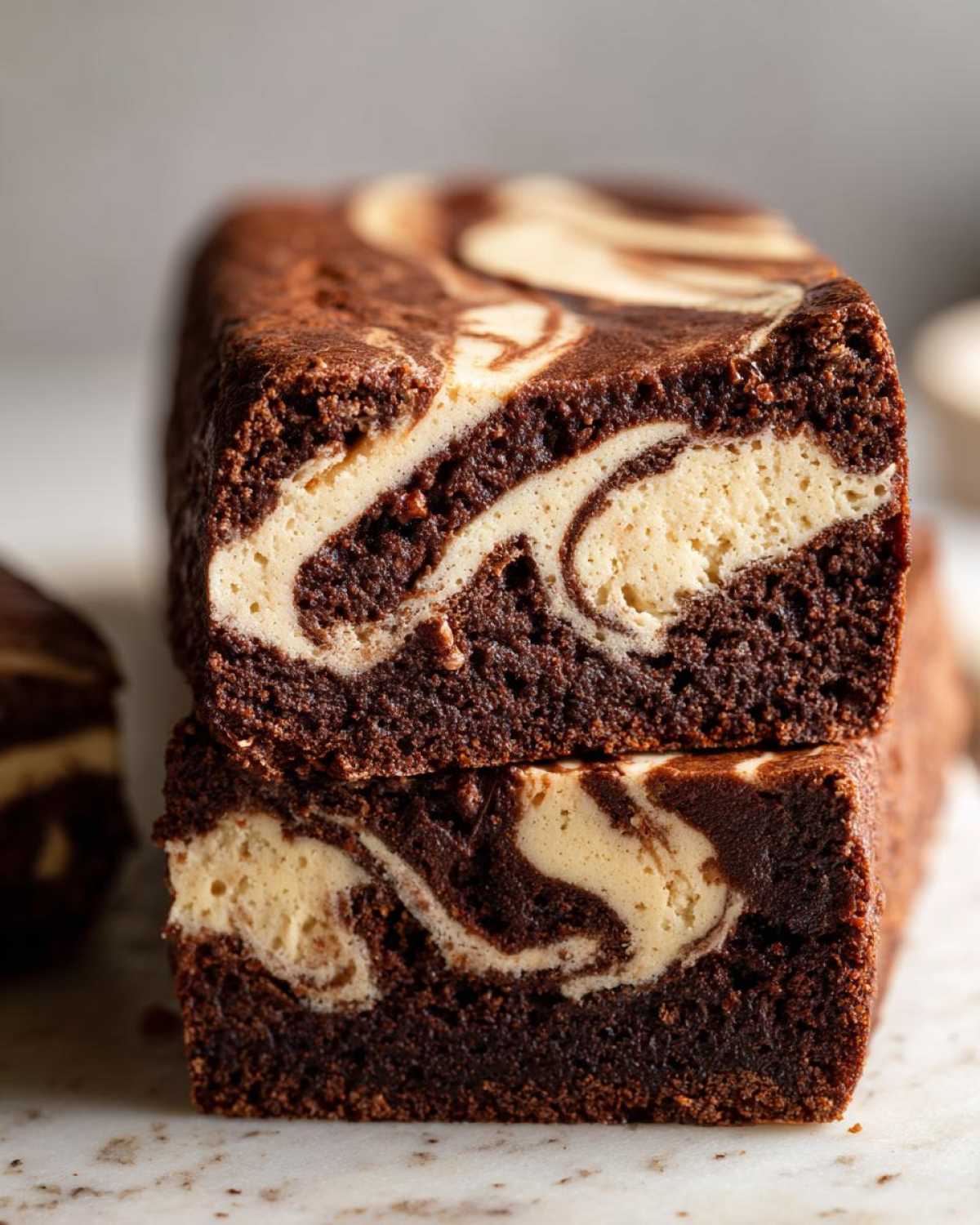 Two stacked slices of fudgy Dark Chocolate Tahini Brownies showing a rich chocolate base swirled with a light tahini cheesecake layer.