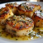 Close-up of seared Garlic Butter Scallops with Lemon, glistening in a rich garlic herb sauce.