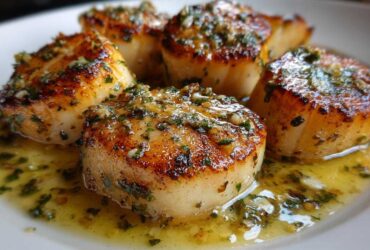 Close-up of seared Garlic Butter Scallops with Lemon, glistening in a rich garlic herb sauce.