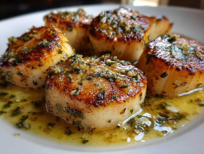 Close-up of seared Garlic Butter Scallops with Lemon, glistening in a rich garlic herb sauce.