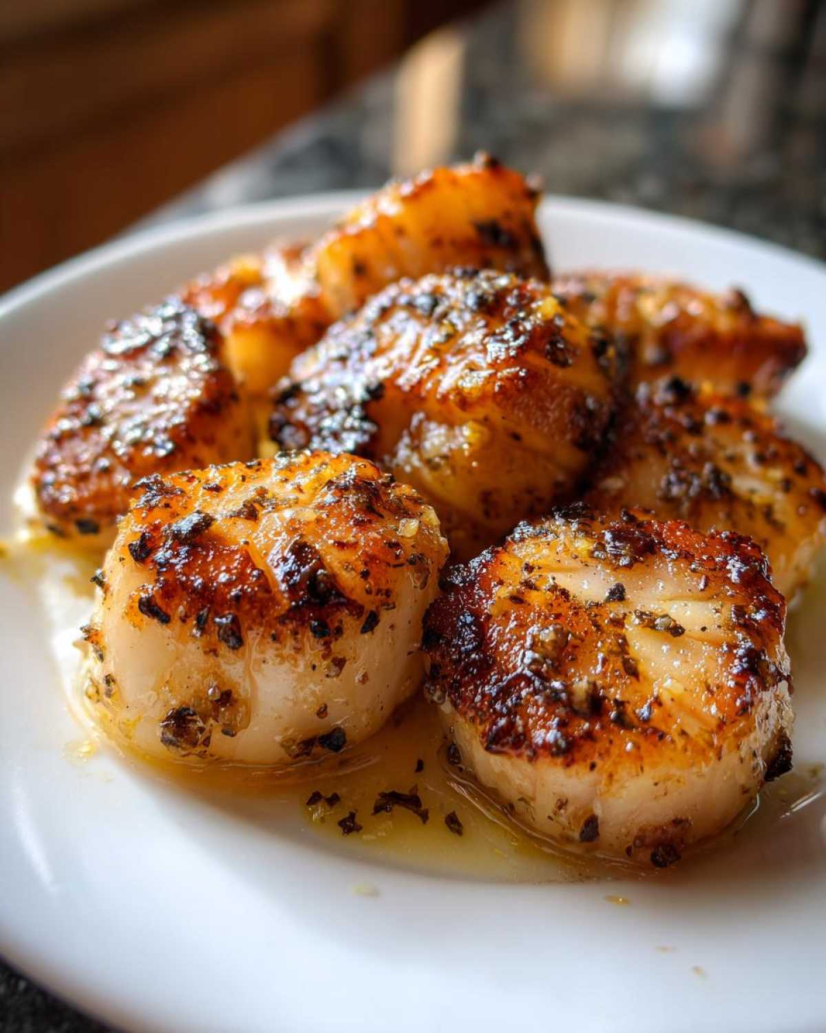 Close-up of pan-seared Garlic Butter Scallops with Lemon, glistening in butter sauce.