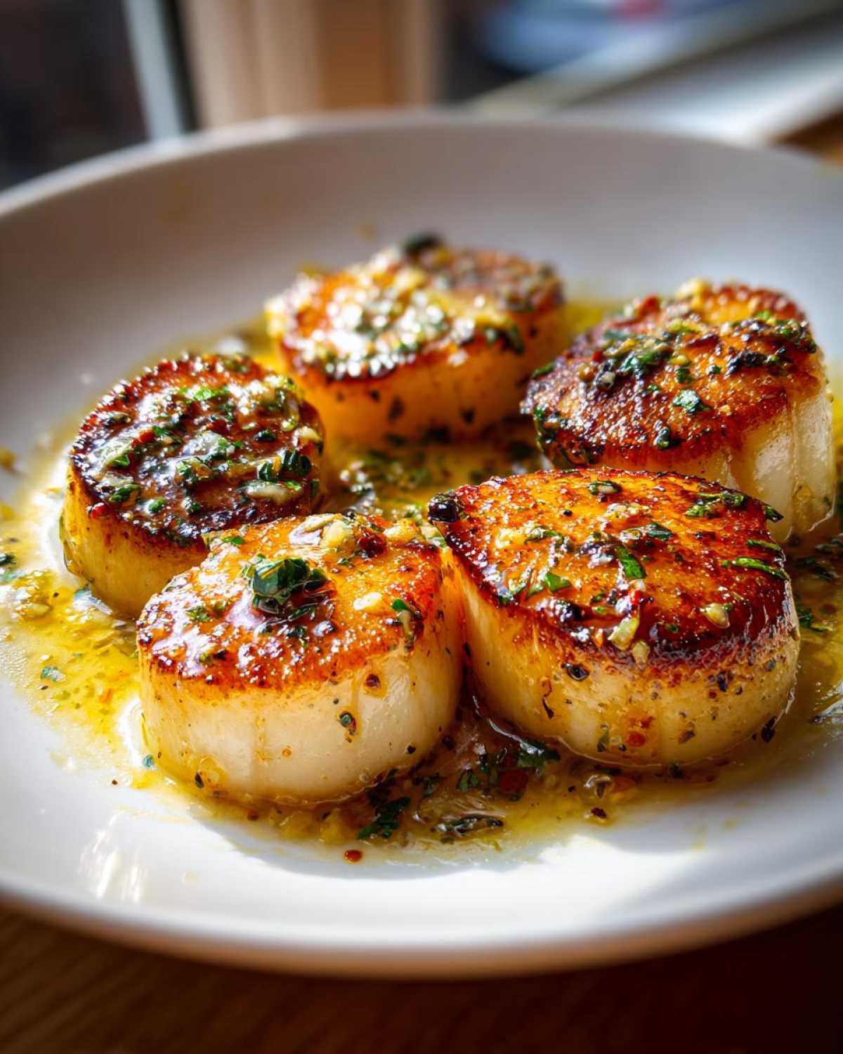 Five perfectly seared Garlic Butter Scallops with Lemon sauce, garnished with herbs.