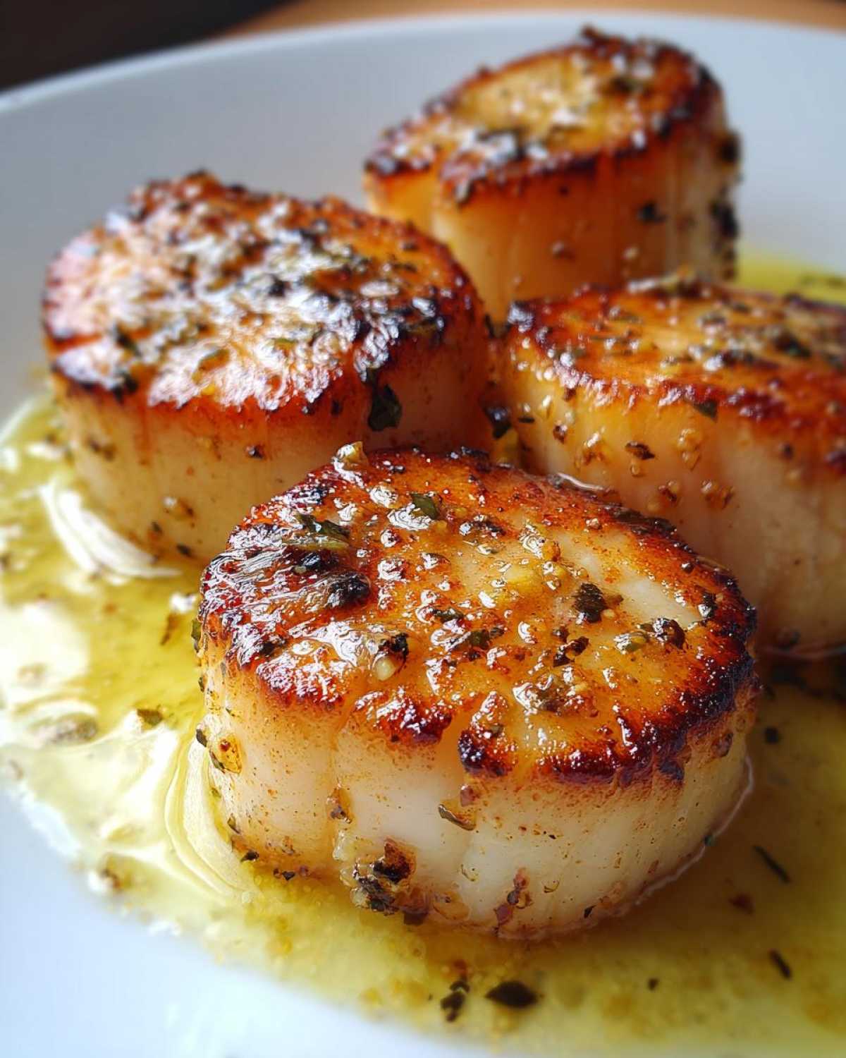 Close-up of four seared Garlic Butter Scallops with Lemon resting in a pool of melted butter sauce.