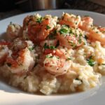 Close-up of creamy rice topped with plump Garlic Butter Shrimp and fresh parsley.