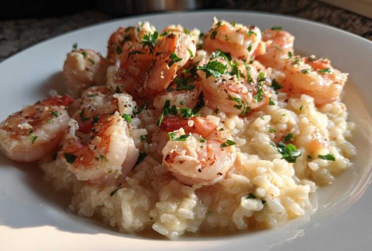 Close-up of creamy rice topped with plump Garlic Butter Shrimp and fresh parsley.