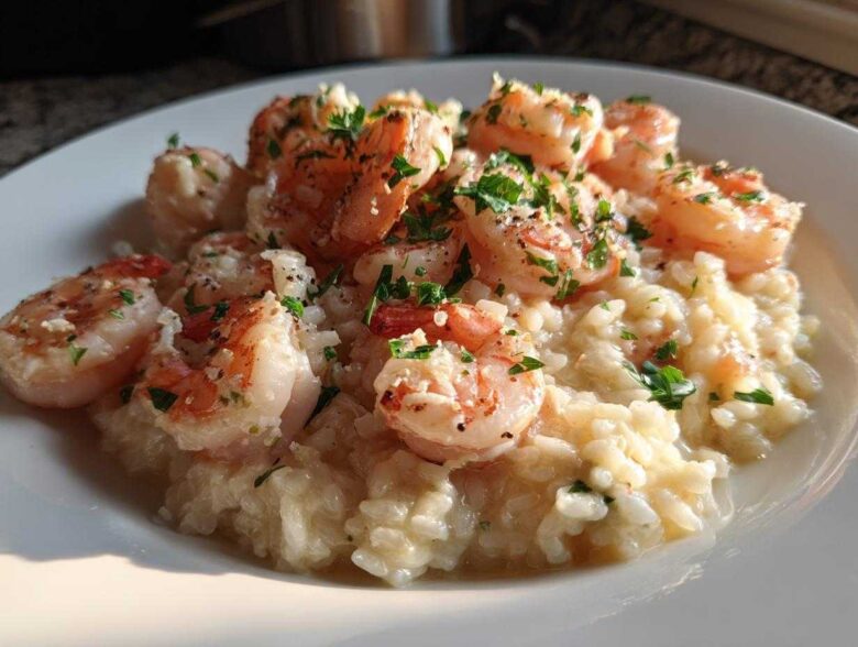 Close-up of creamy rice topped with plump Garlic Butter Shrimp and fresh parsley.