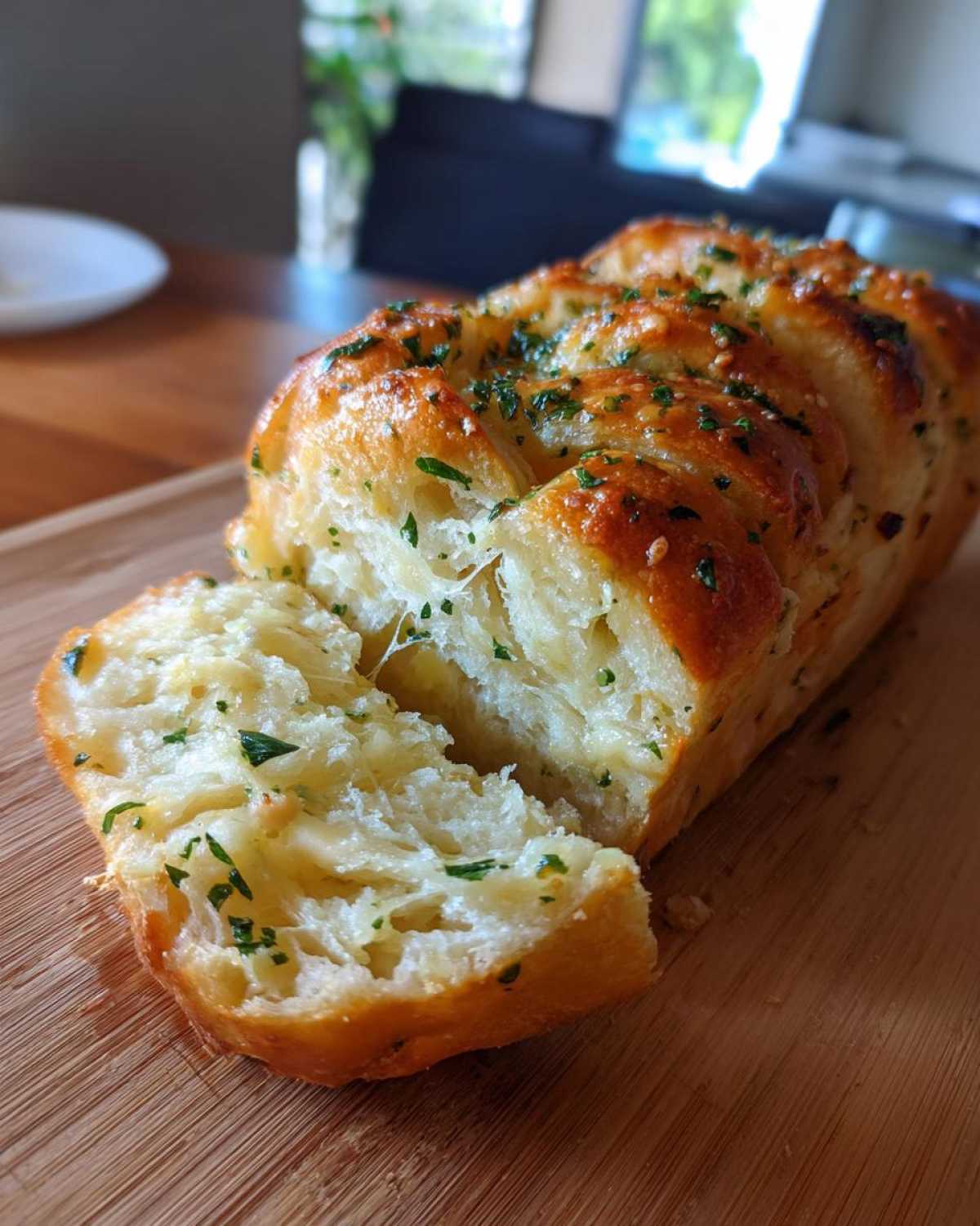 Close-up of warm Garlic Parmesan Pull-Apart Bread with a piece being pulled away, showing gooey cheese and parsley topping.